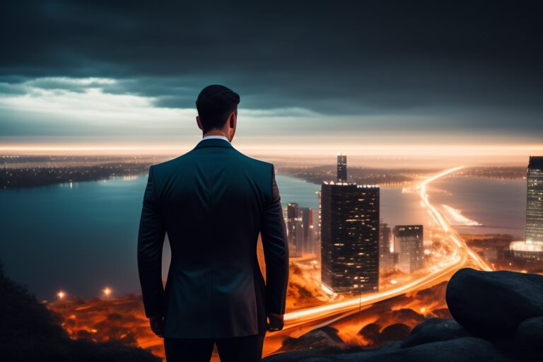 Man in suit surrounded by light staring down at city | Adaptive Leadership